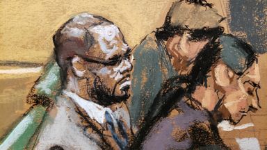 R Kelly pictured in a courtroom sketch attending Brooklyn's Federal District Court during the start of his trial in New York